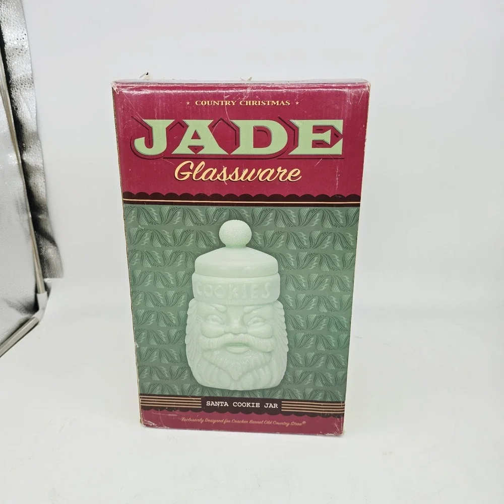 Vintage Cracker Barrel Jade Santa Cookie Jar Glass 11